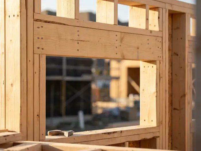 A close daylight detail of new framing at a window opening with a header set and the nails flush, no people