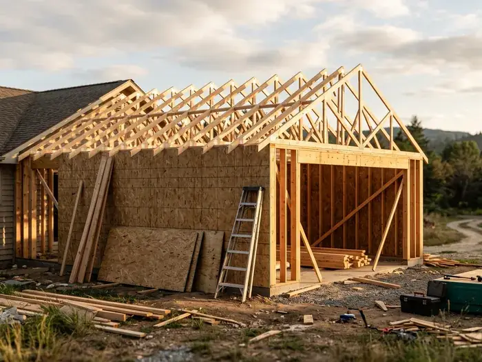 A home addition framed and sheathed with the roof trusses set, no siding yet, no people