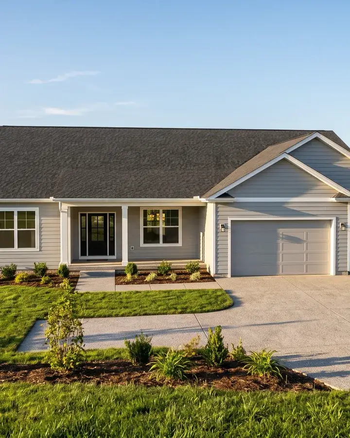 A newly built single story home with the driveway poured