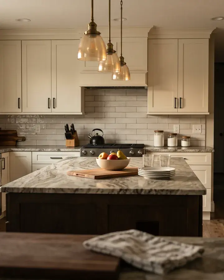 A renovated kitchen with new cabinets and an island