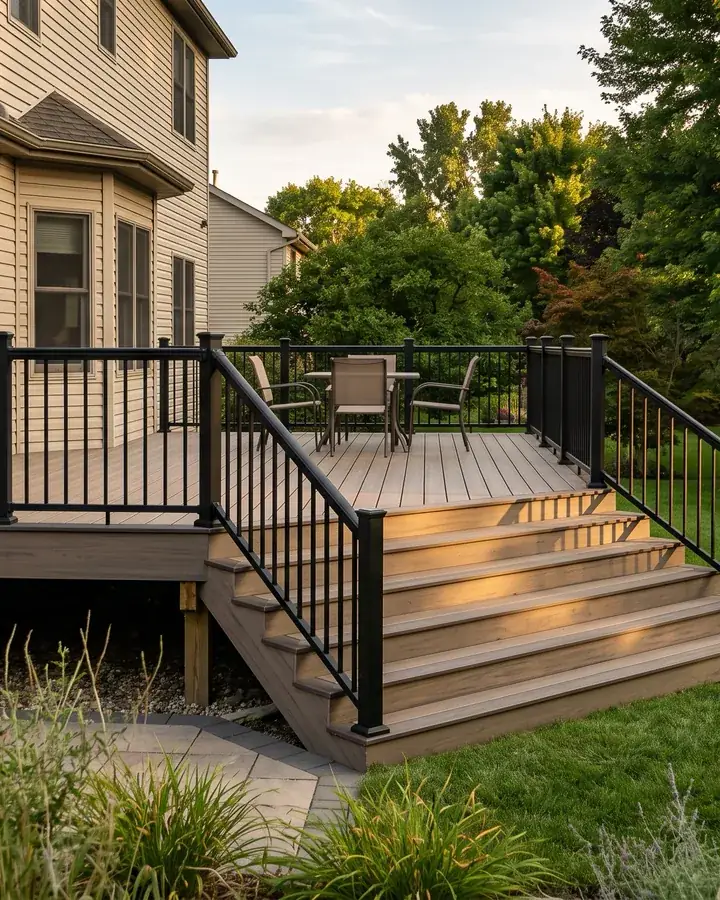 A composite deck with black railings off the back of a house